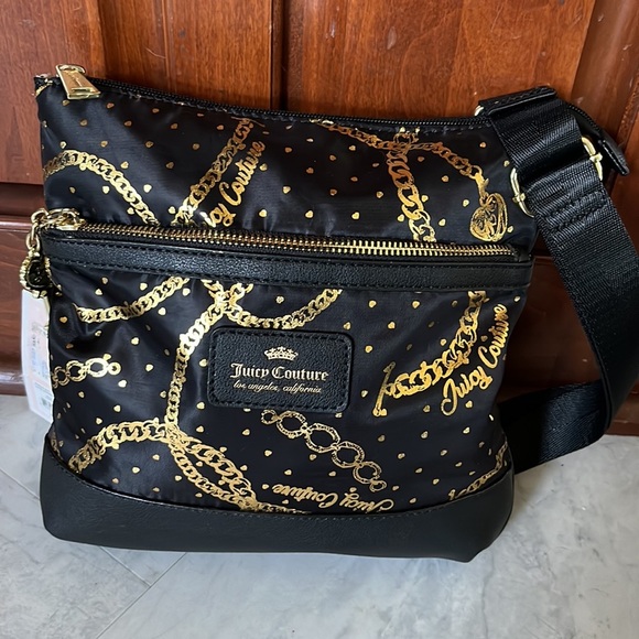 Juicy Couture NWT black /gold Chains & mini hearts printed shoulder/ crossbody - Picture 1 of 10